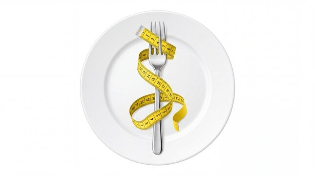 Metal fork wrapped in yellow measuring tape placed inside white plate on white background