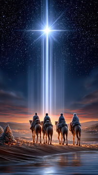 Three wise men on camels following the bright star of bethlehem across a desert landscape at twilight, symbolizing faith, guidance, and the spiritual journey of christmas