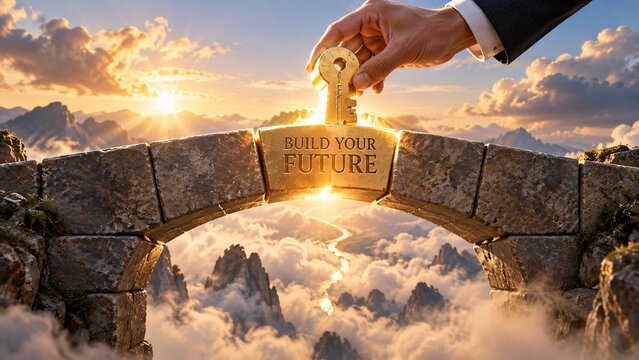 Hand placing golden keystone with "BUILD YOUR FUTURE" text into stone arch overlooking mountain clouds