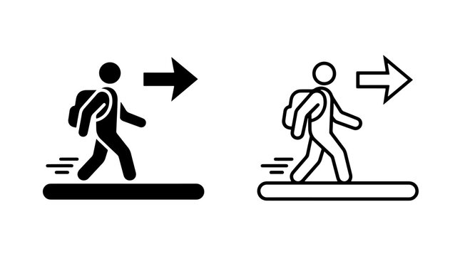 Minimalist traveler icon walking forward with backpack and directional arrow symbol
