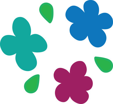 Colorful hand drawn floral elements with simple flower shapes and green leaves on a white background