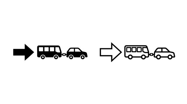 Minimalist bus towing car icon set showing vehicle transport concepts