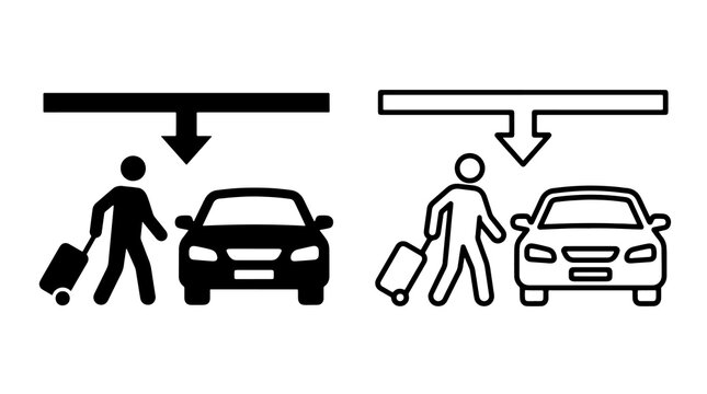 Minimalist passenger pickup vector icons displaying traveler with luggage and vehicle for navigation