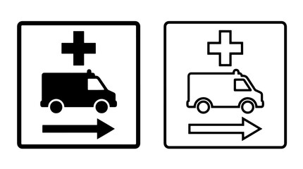 Minimalist vector ambulance sign icons featuring medical vehicle and direction arrow © Adobe