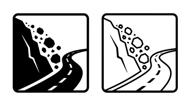 Minimalist rockfall sign vector icon showing falling boulders near mountain road