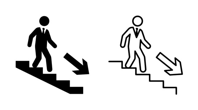 Minimalist businessman walking down stairs with directional arrow symbol in black outline