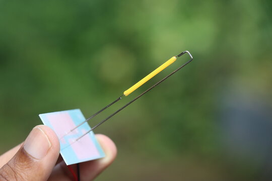Close up of retro LED filament with circuit board base held in hand