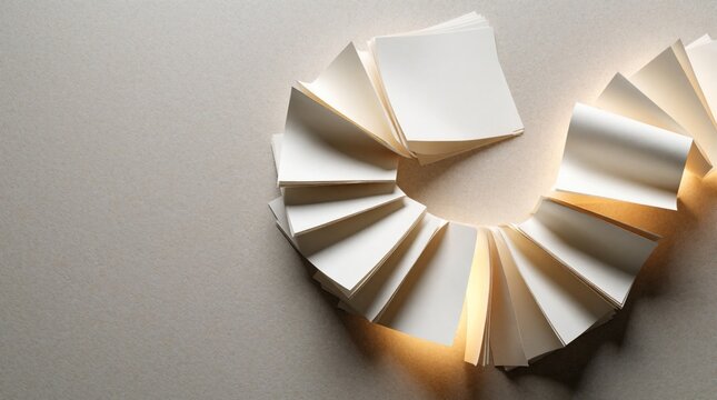 Minimalist paper sheets form curved path on neutral beige background. Folded white documents create winding workflow route with warm glowing light. Abstract design shows business process stpic,