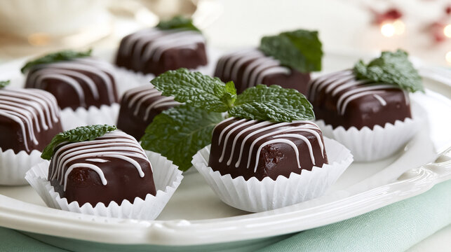 Chocolate petit fours presented on a white plate, each decorated with white icing and a fresh mint leaf, serving as delicious individual desserts