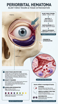 Detailed medical infographic illustrating periorbital hematoma mechanisms blunt force trauma tissue extravasation and clinical red flags on human eye anatomy