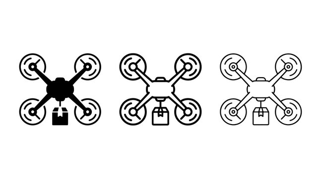 Minimalist delivery drone icons carrying package cargo in flat vector style