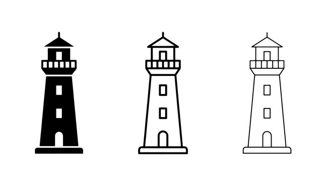 Minimalist lighthouse icon set featuring black vector silhouettes showing navigation symbols