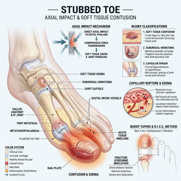 Detailed medical infographic illustrating stubbed toe injuries demonstrating axial impact mechanisms soft tissue contusions subungual hematomas and capillar rupture
