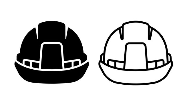 Minimalist hard hat vector icons featuring solid and outline construction safety helmet symbols
