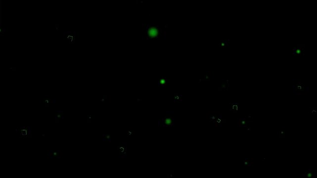Bright green glowing digital cube particles explosion tunnel motion graphics featuring cyber matrix grid network data flow elements isolated on pitch black screen 4k
