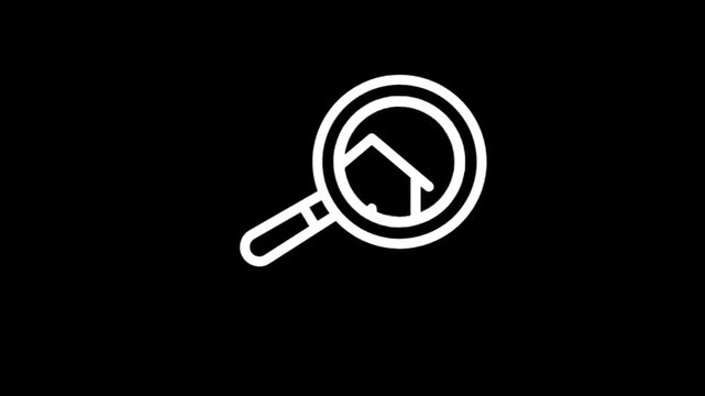 Magnifying glass over house icon animation for real estate search