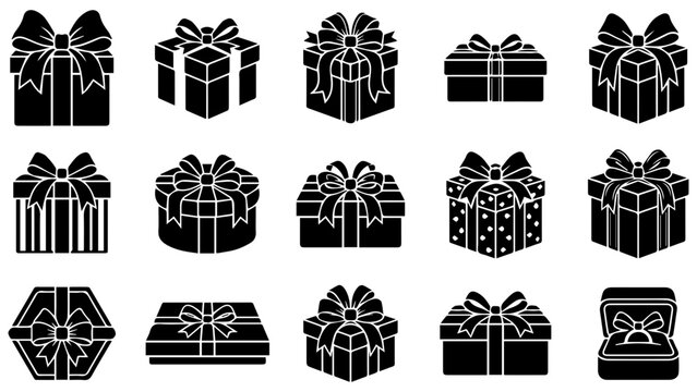 Set of black gift box icons with ribbons and bows for birthday celebration and holiday presents