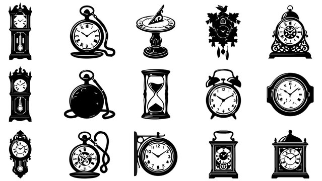Set of black and white vintage clock and watch icons for measuring time in a simple flat style