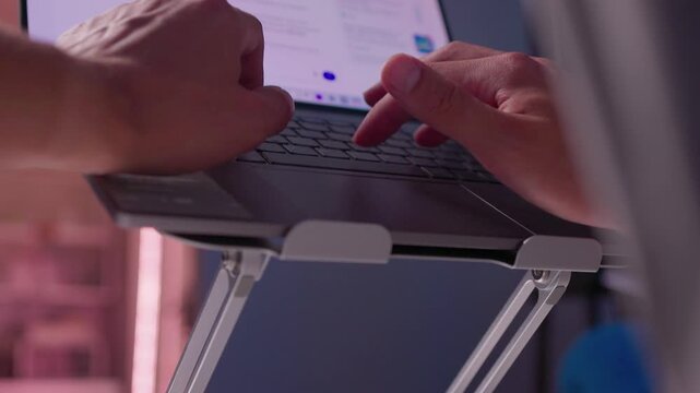 Close-up right hand adjusting tilted laptop mounted on adjustable metal hinge bracket with visible cables, reflecting soft light on aluminum housing in indoor workspace