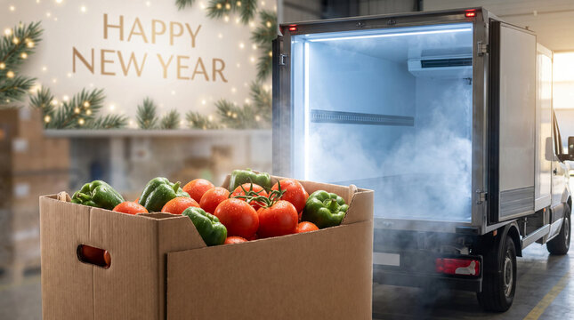 Happy New Year cold chain delivery with fresh tomatoes and green bell peppers in refrigerated truck