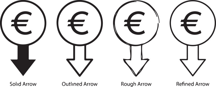 Euro currency value decreasing illustrated with arrows pointing downwards in a sketch style