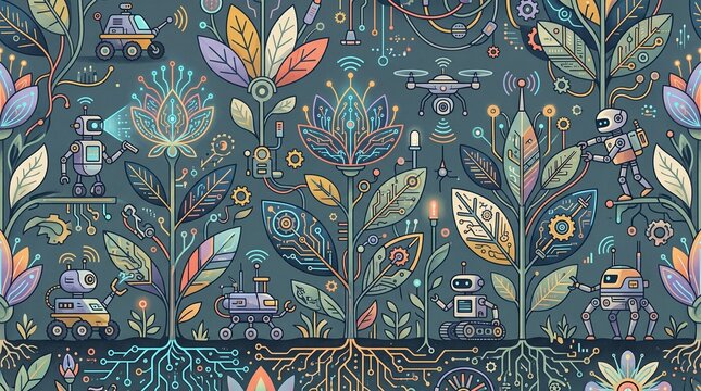 AI Robot Garden Seamless Technology Pattern