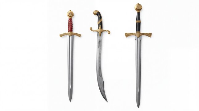 Three medieval fantasy swords with intricate golden hilt designs displayed vertically on white background