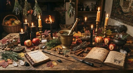 Fototapeta premium Samhain Celebration with Herbs, Candles, and Traditional Ingredients