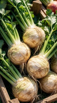 Fresh organic celeriac root vegetables with green leafy stems in wooden crate at farmers market. Raw healthy celery roots with long stalks lie in basket. Natural earth produce ready for harvest,