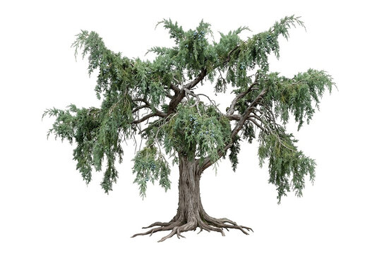 Ultra-realistic mature Drooping Juniper (Juniperus flaccida), medium-sized irregular evergreen tree with graceful pendulous branchlets, soft blue-green scale foliage, twisted spreading limbs