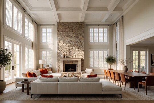 Modern spacious living room with tall coffered ceiling, stone fireplace. Luxury interior design features white sofa, wooden dining table, large windows with shutters. Bright lounge area with natural