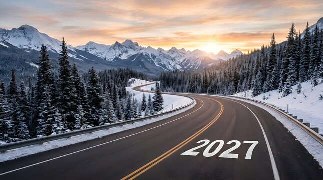 Snowy mountain road with year 2027 painted on pavement