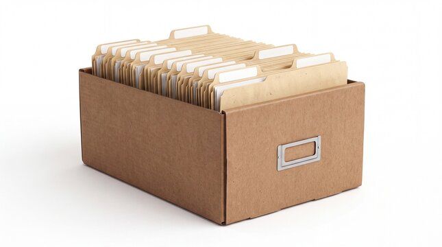Cardboard archive storage box filled with organized manila folders and tabs on white background
