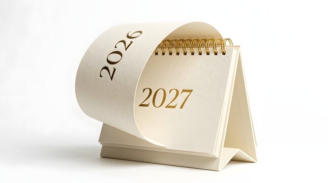 Desk calendar turning from 2026 to 2027 isolated on white background