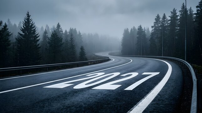 A winding asphalt road through a misty, foggy forest with the year 2027 painted on the pavement in white