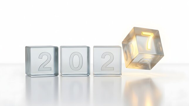 Glass cubes spelling out the year 2027 with a glowing number 7 isolated on white background
