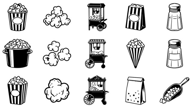 Set of black and white popcorn icons featuring snack buckets boxes machine and kernel designs
