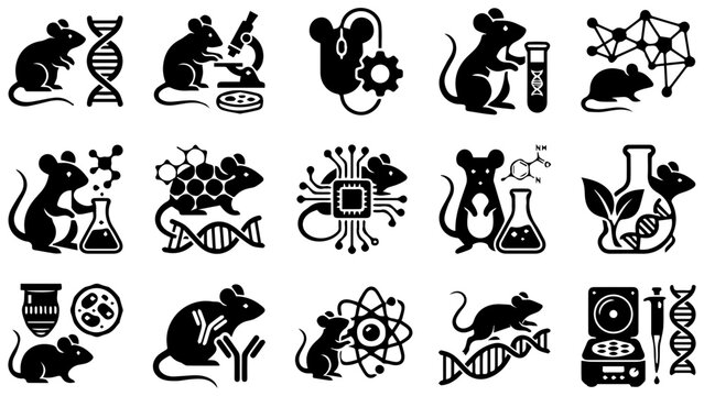 Set of black icon silhouettes featuring laboratory mice and scientific research symbols and equipment