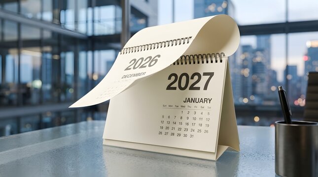 Desk calendar flipping from december 2026 to january 2027 in a modern office