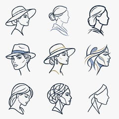 Fototapeta premium Clean Black and White Line Drawing Illustrations of Women with Various Hairstyles and Hats for Fashion Design or Art Projects