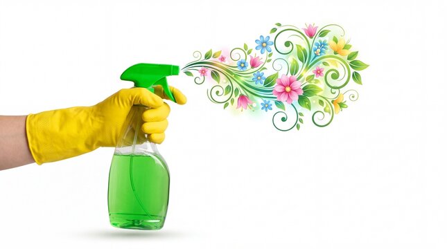 Hand in yellow rubber glove spraying colorful floral design pattern on white background