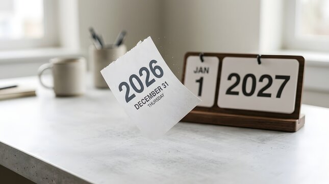 Desk calendar transitioning from thursday december 31 2026 to friday january 1 2027 new year transition