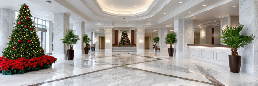 Modern hotel lobby with decorated christmas tree, red bows and lights beside reception desk and large windows overlooking a snowy winter landscape, festive upscale atmosphere