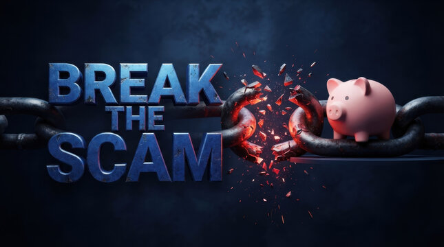 Break scam typography with piggy bank and broken chain symbolizing financial protection and freedom