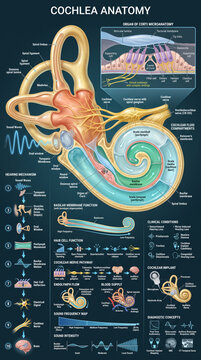 Detailed anatomical illustration depicting human cochlea structure with clear scientific labels explaining hearing mechanism and auditory pathways
