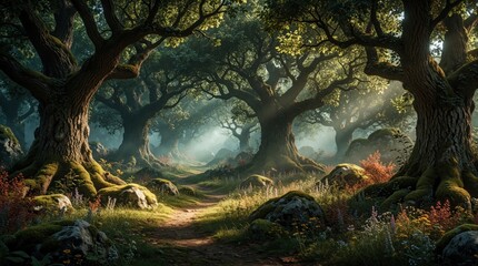 Obraz premium Mystical forest with ancient giant trees, narrow dirt path. Sunbeams shine through green foliage, fog. Mossy rocks, colorful wild flowers grow along woodland trail. Magical enchanted landscape offers