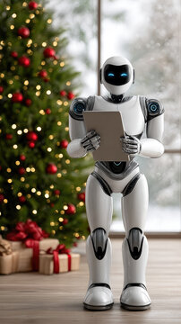 Humanoid robot on wooden floor holding a tablet beside a twinkling christmas tree and wrapped gifts by a window with a snowy scene, symbolizing futuristic holiday assistance