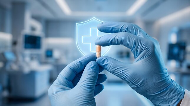 A medical professional in blue gloves holding a capsule pill with digital healthcare security shield overlay in a hospital setting.