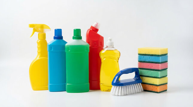 Colorful plastic bottles with cleaning supplies and sponges for household chores and sanitizing