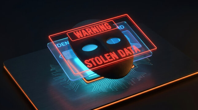 Digital identity card stolen data warning displayed on dark computer device with glowing circuit pattern, highlighting cybersecurity risk and urgent personal information protection concern